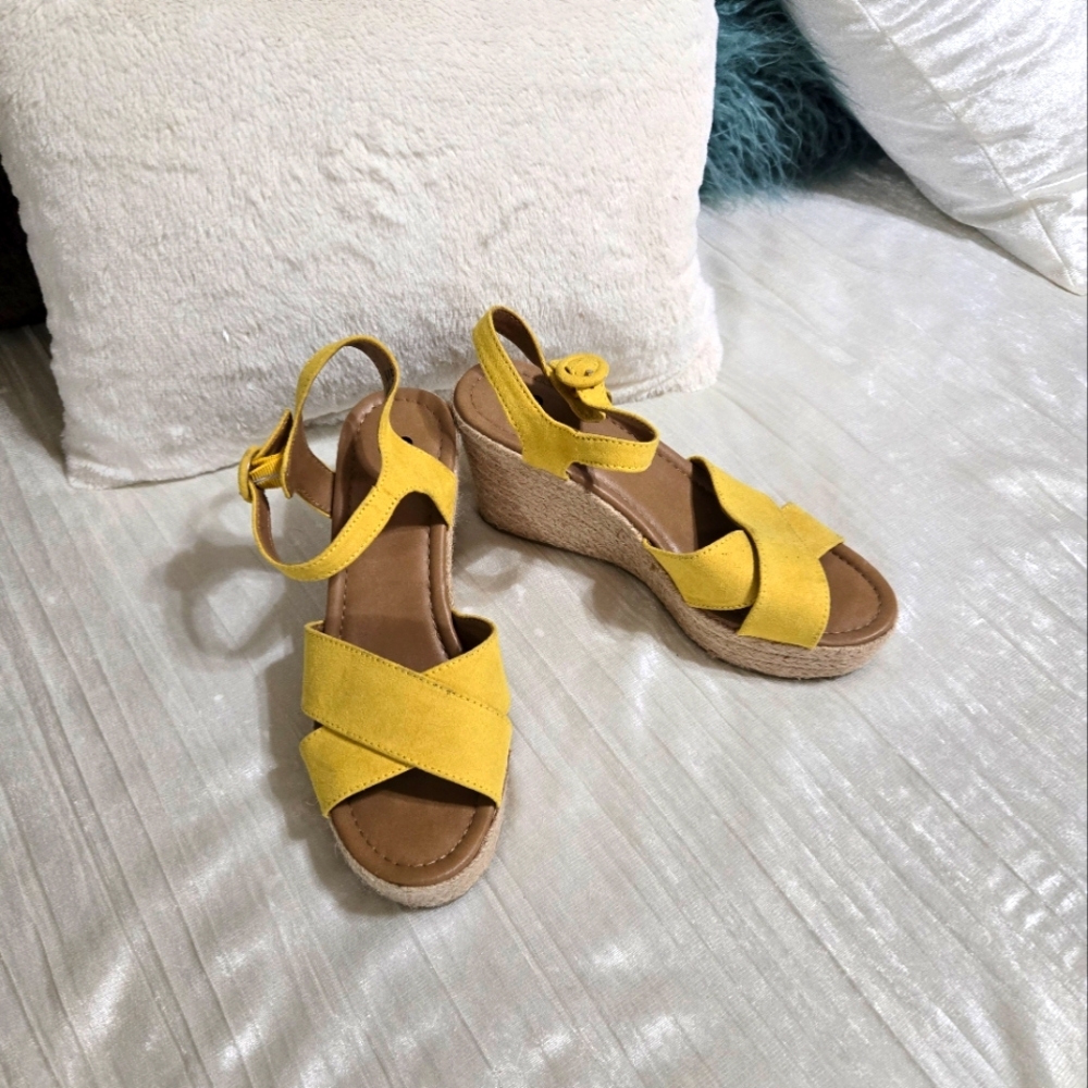 Yellow Wedge Sandals By SO. Size 7.5 Worn Once.